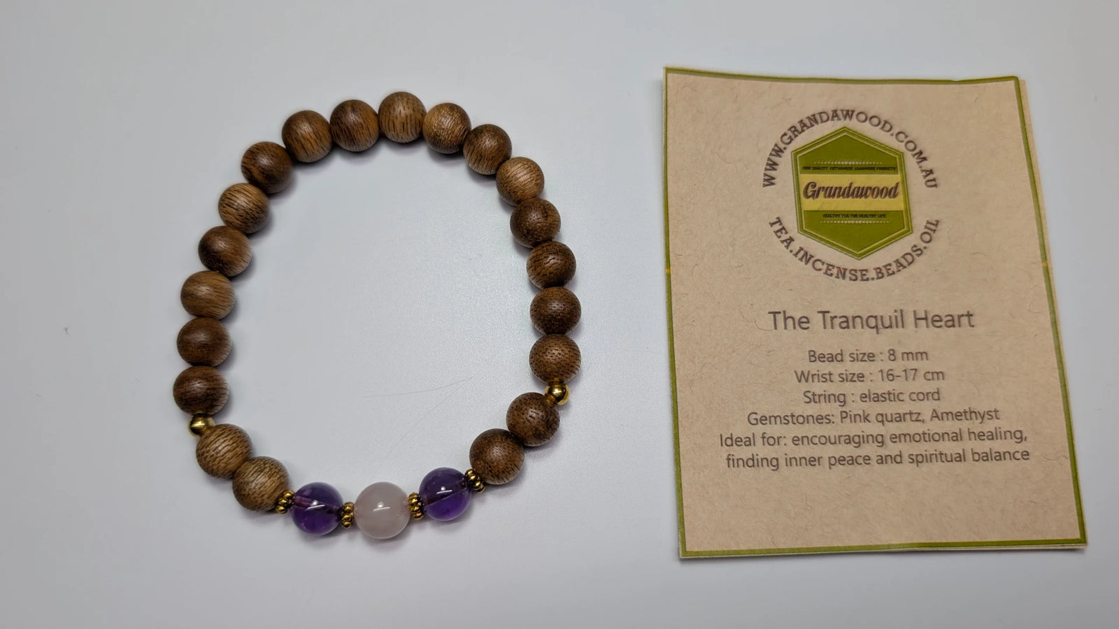 ab08-0616 The Tranquil Heart 8mm Cultivated Agarwood bracelet and pink quatz