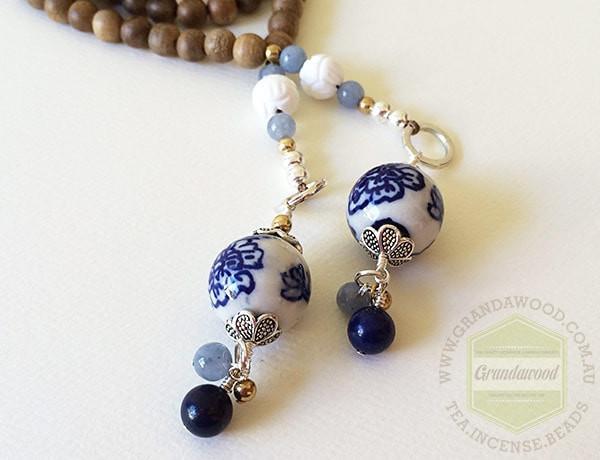 SOLD-Necklace- Blue Porcelain Lariat Agarwood gemstone -