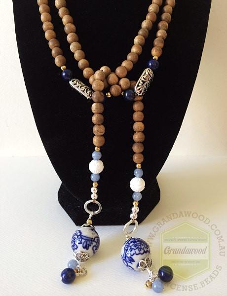 SOLD-Necklace- Blue Porcelain Lariat Agarwood gemstone -