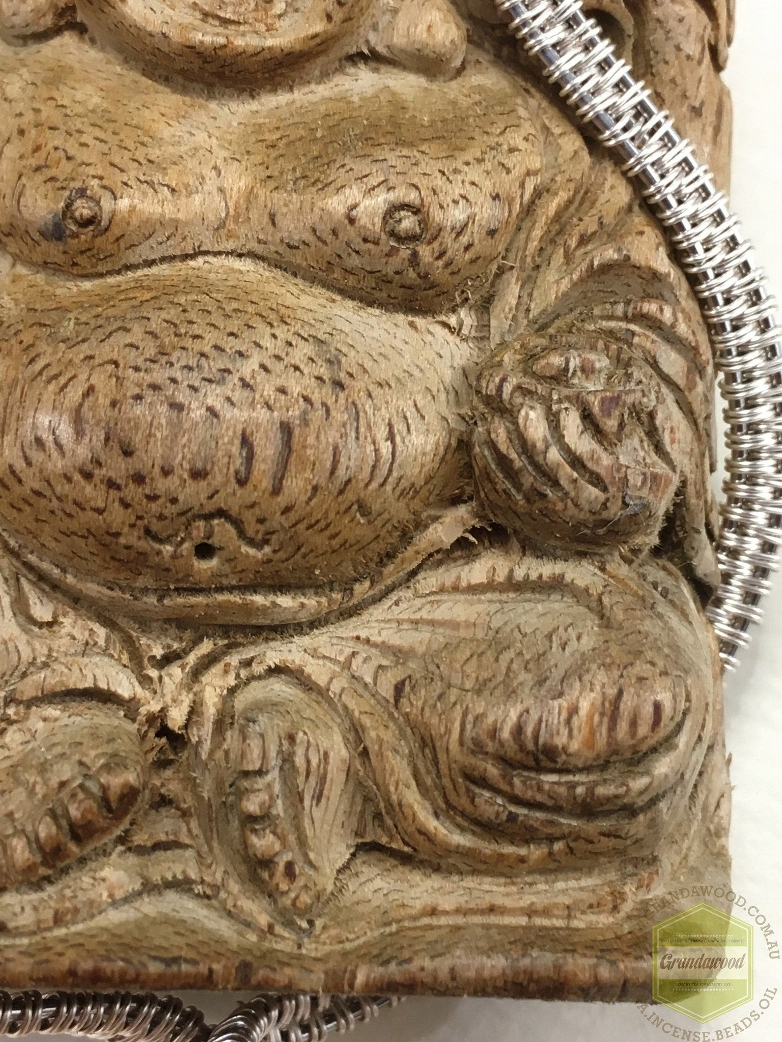 Happy (Laughing) Buddha Wild Agarwood Car Decor with Silver Hanger -