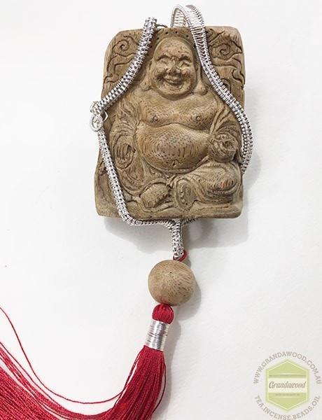 Happy (Laughing) Buddha Wild Agarwood Car Decor with Silver Hanger -