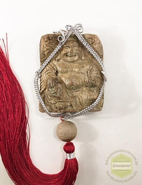 Happy (Laughing) Buddha Wild Agarwood Car Decor with Silver Hanger -