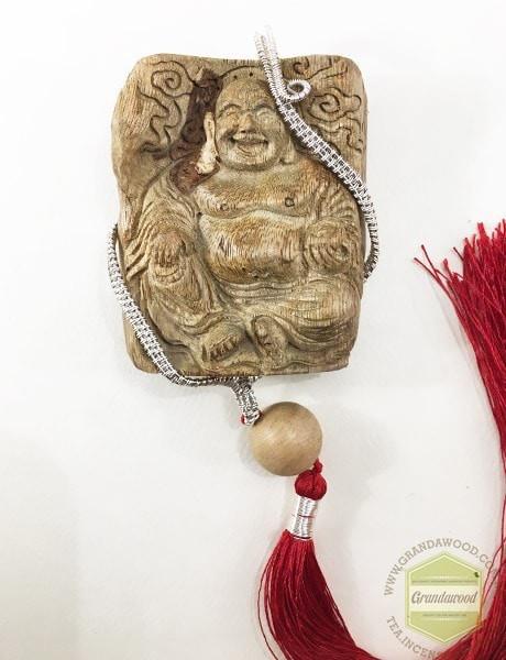 Happy (Laughing) Buddha Wild Agarwood Car Decor with Silver Hanger -