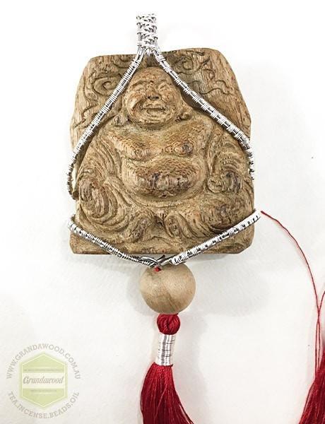 Happy (Laughing) Buddha Wild Agarwood Car Decor with Silver Hanger -