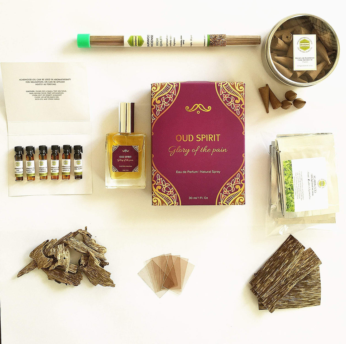 Gift sets: Super Valued Agarwood (Oud) Pack: oil, incenses, wood chips, perfume, and tea. -
