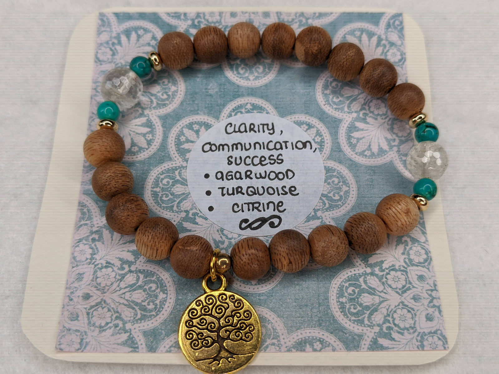 The Clarity - Cultivated agarwood 8mm bracelet with Tree of Life pedant, citrine and turquoise -