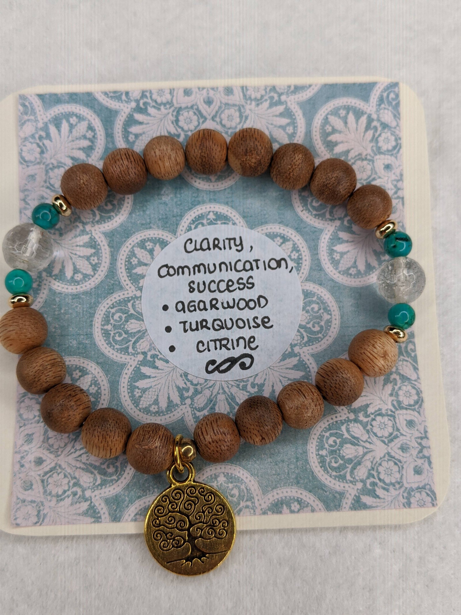 The Clarity - Cultivated agarwood 8mm bracelet with Tree of Life pedant, citrine and turquoise -